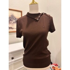 Ralph Lauren Golf Brown Sweater Mock Neck Asymmetrical Snap Button Short Sleeve
